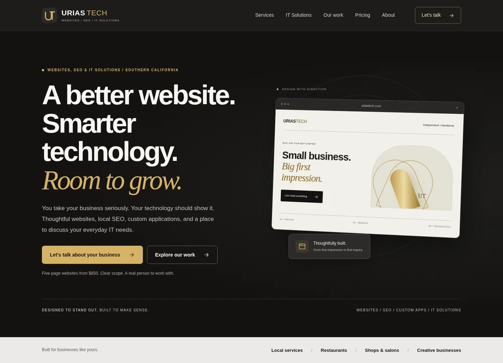 Urias Tech website homepage, with charcoal backgrounds and warm gold accents